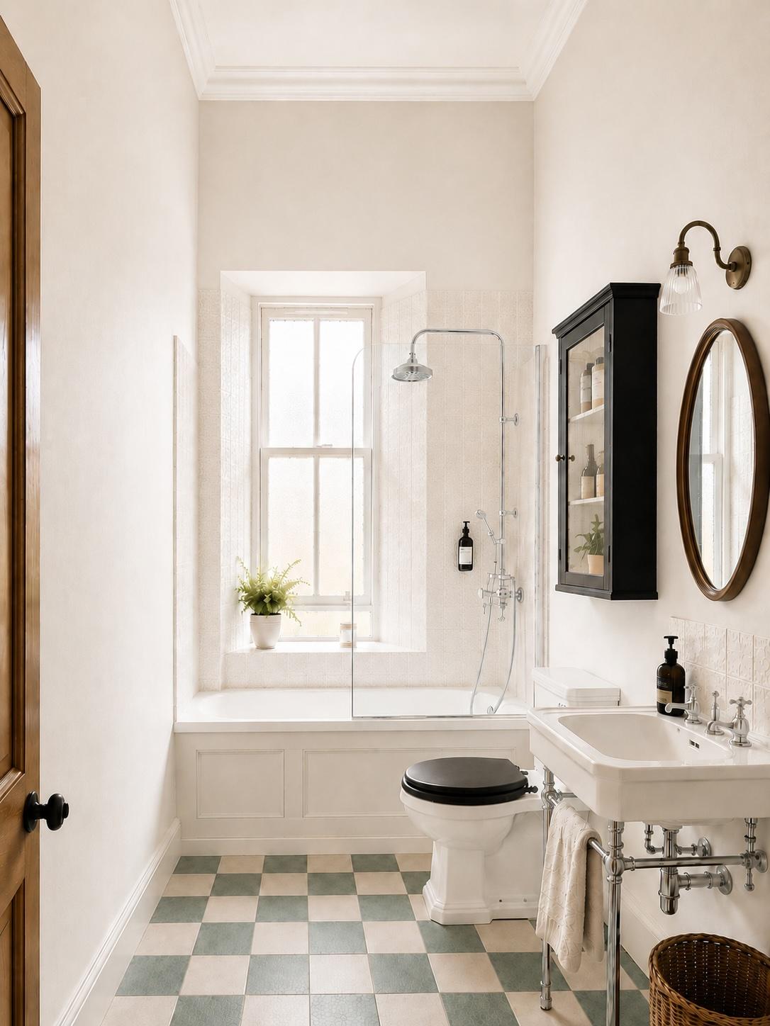 Bright vintage-style bathroom with tub, window light, and chic tile floor
