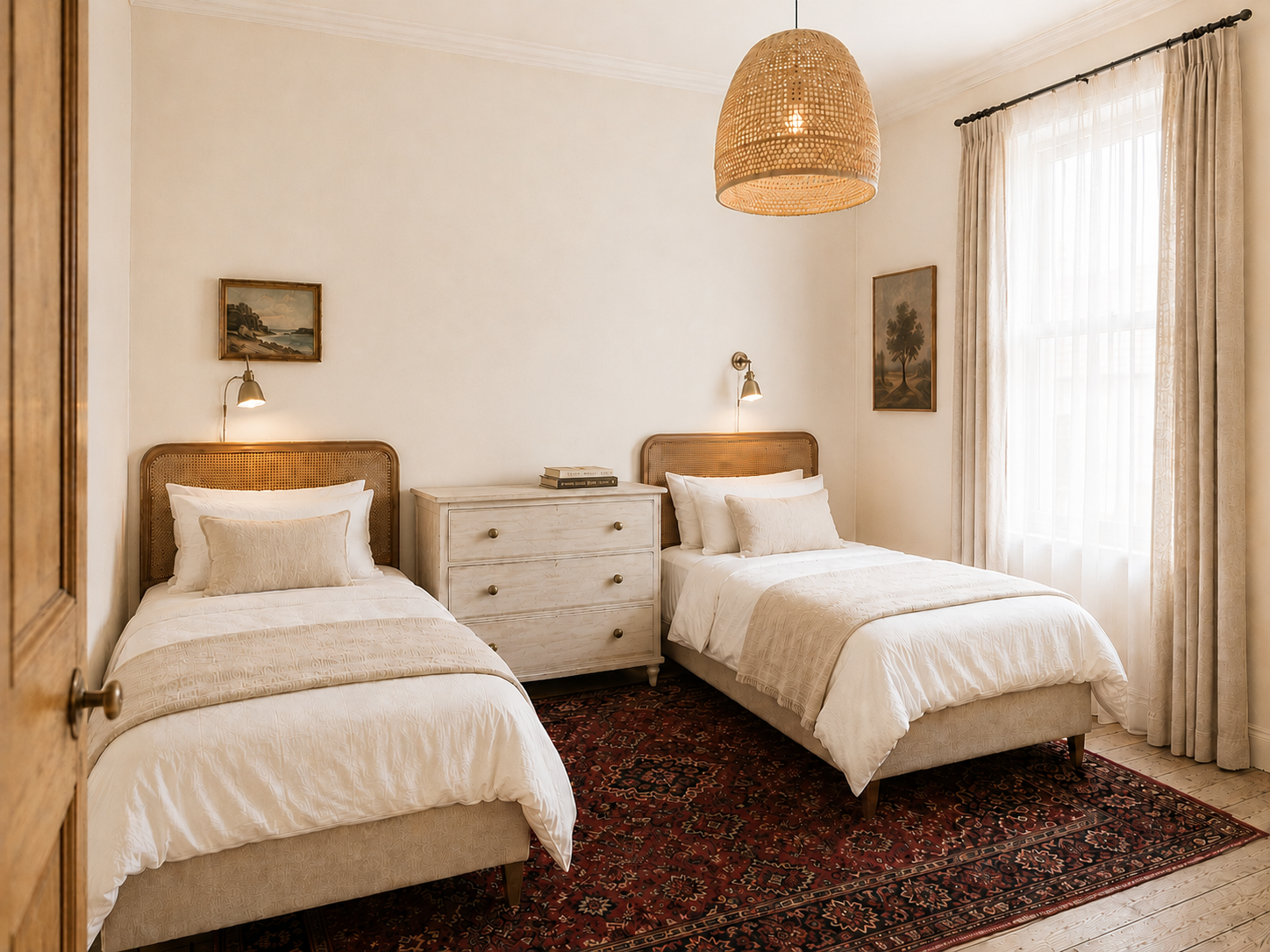 Charming twin bedroom with soft light, vintage rug, and serene neutral decor
