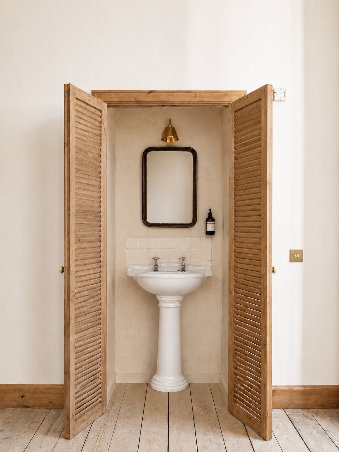 Rustic-chic sink nook with warm wood accents and boutique-style charm
