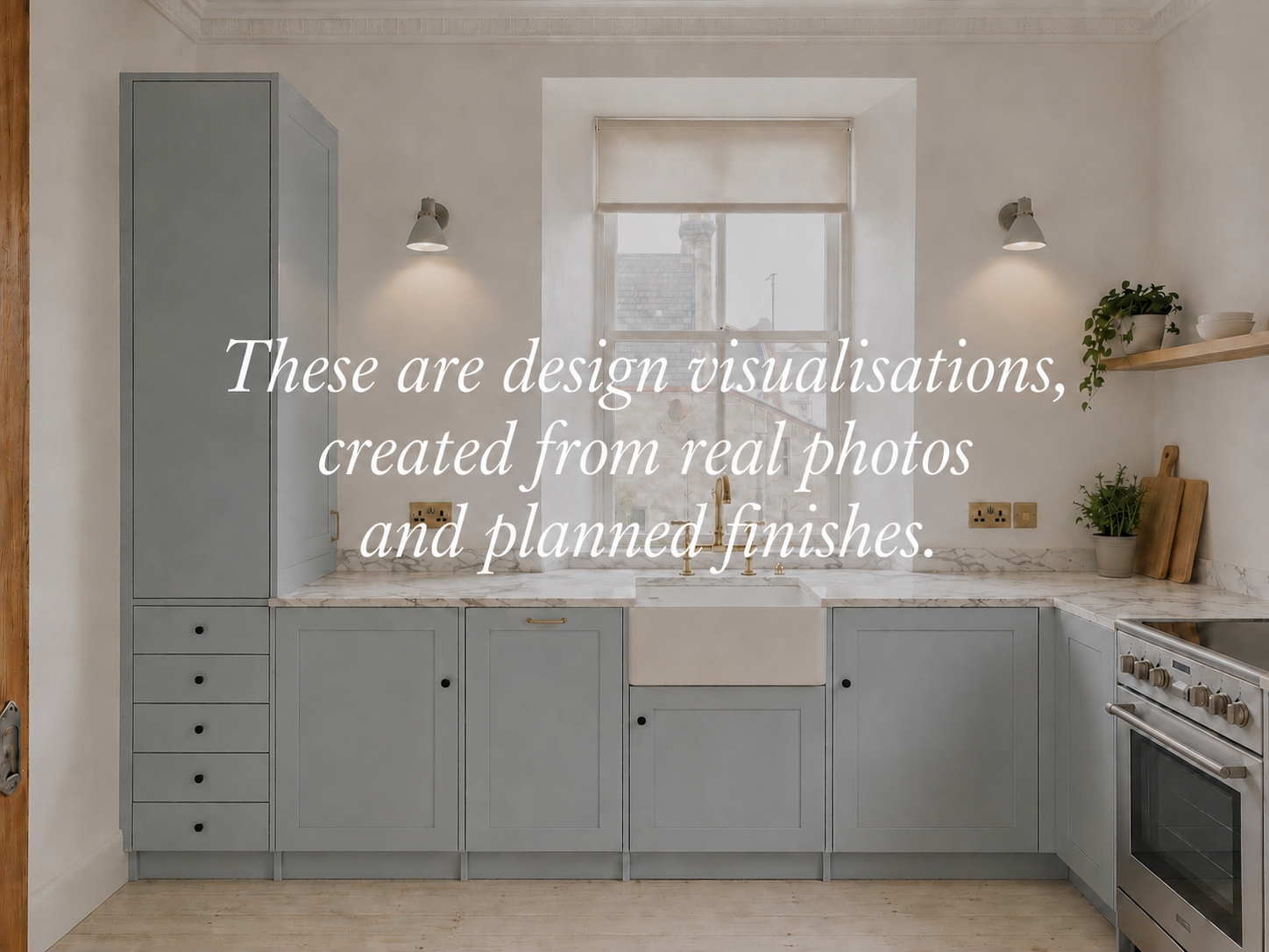 Elegant kitchen with farmhouse sink, marble counters, and soft gray cabinetry
