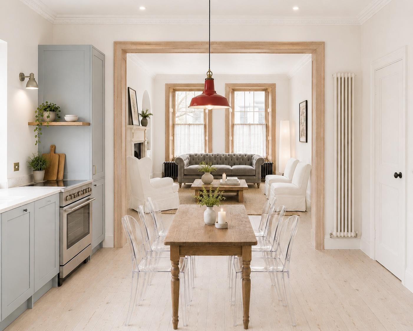 Bright open-plan dining and living space with elegant modern charm